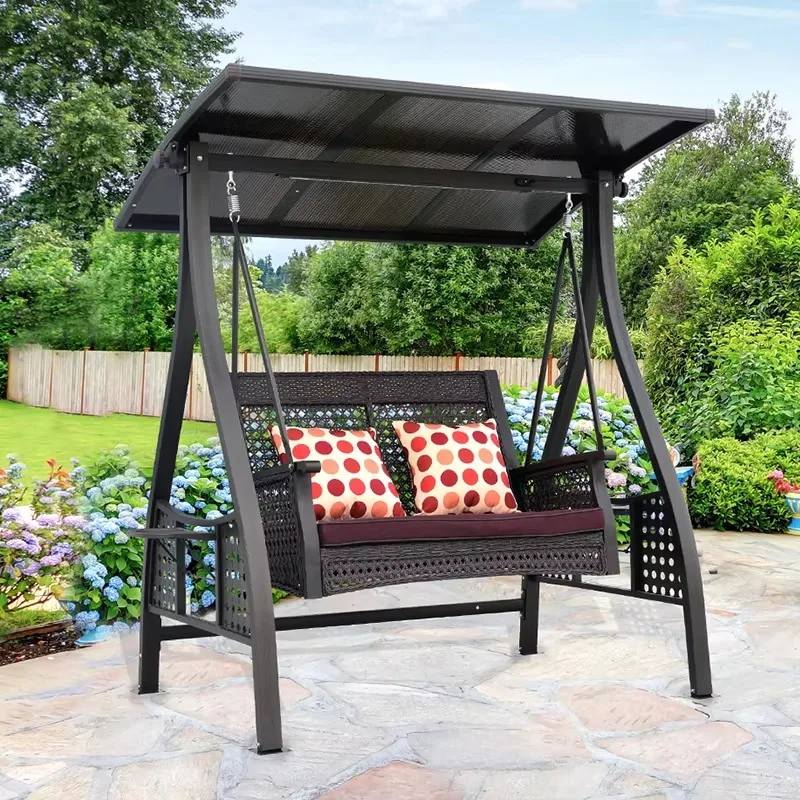 أرجوحة الشرفة الخارجية مع لوحة الكمبيوتر الصلبة مسند الظهر الروطان وسادة سميكة 3 مقعد فناء أرجوحة لحديقة الحديقة حسب الطلب