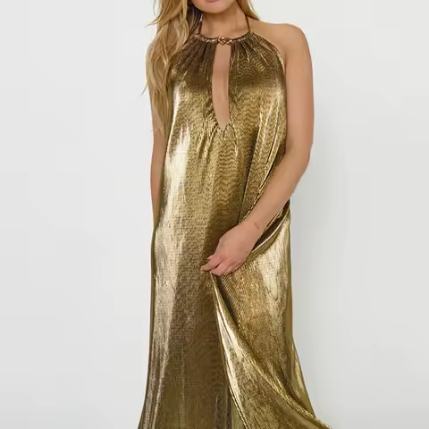 Elegant Lady High Waist Ruched Banquet Dress Temperament Luxury Bright Dress Trendy Sleeveless Off Shoulder Halter Evening Dress