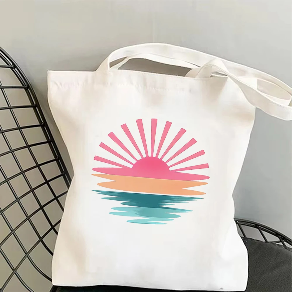 Summer Beach Sunset Canvas Tote Bag Sunrise Ocean Shoulder Handbag Large Capacity Casual Eco Reusable Shopper Bags for Women