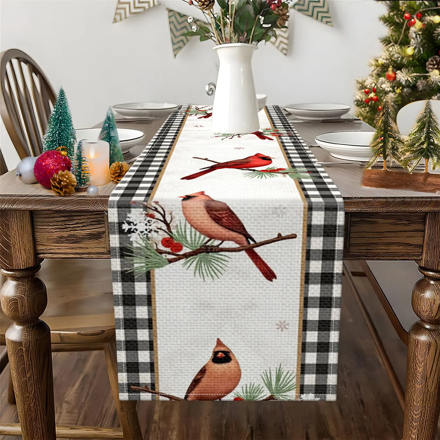 قطعة واحدة من مفرش طاولة الكاردينال الأحمر المنقوش لعيد الميلاد، مزين بالكاردينال الأحمر وفروع الصنوبر، مناسب لزينة عيد الميلاد والعطلات #2