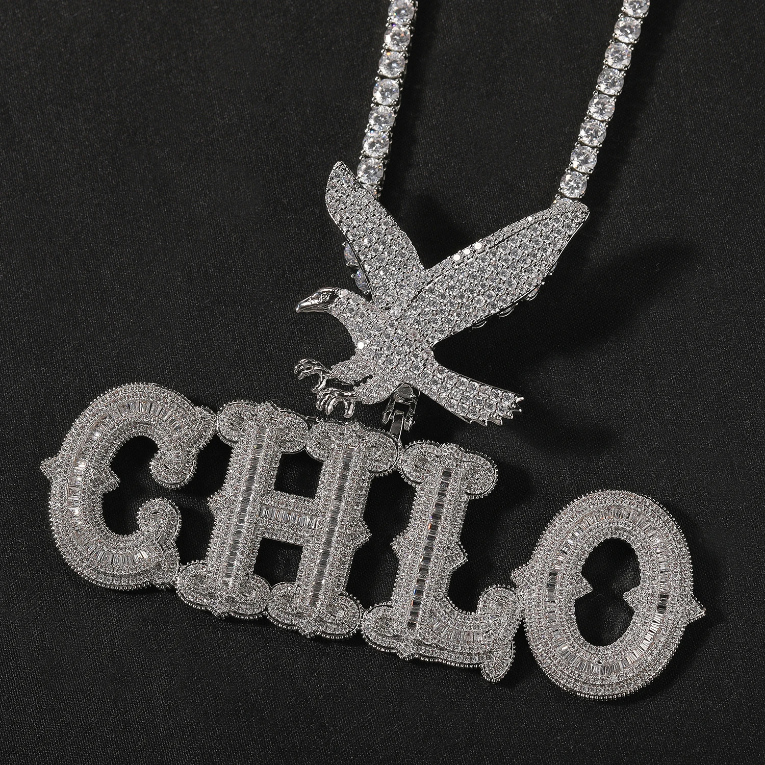 UWIN Customized Baguettecz Name with Eagle Bail Iced Out Prong Setting Cubic Zircon Letters Charms Personalized Hip Hop Jewelry