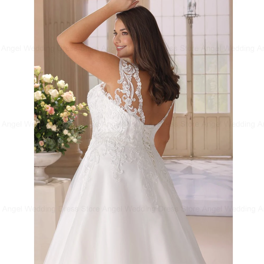 Engel elegant plus Größe Brautkleider neue A-Linie tiefen V-Ausschnitt ärmellose Tüll Applikationen Brautkleider Vestidos de Novia