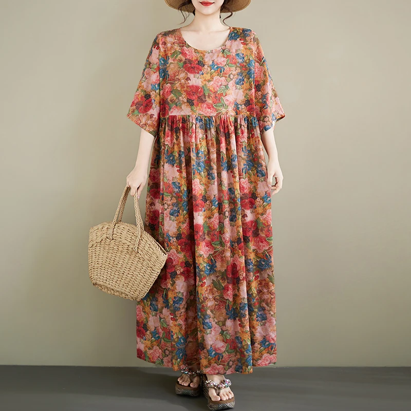

Summer New Bohemian Large Size Long Dress round Neck Short Sleeve Print Vintage Anti-aging Middle-aged And Elderly Women's Dress