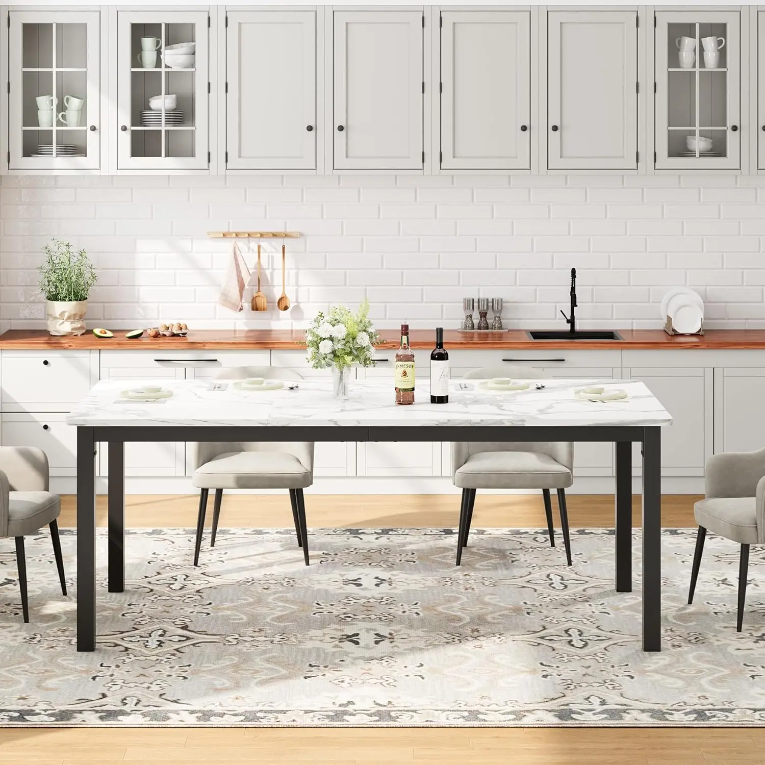 o*-71 Inch Industrial Dining Table, Large Rectangle Kitchen Table with Metal Legs, Round Corners, Wooden Conference, Customized