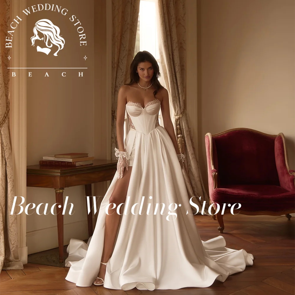 

Пляжное свадебное платье без бретелек с вырезом в форме сердца, атласный корсет, лиф с высоким разрезом, элегантное свадебное платье длиной до пола, по индивидуальному заказу