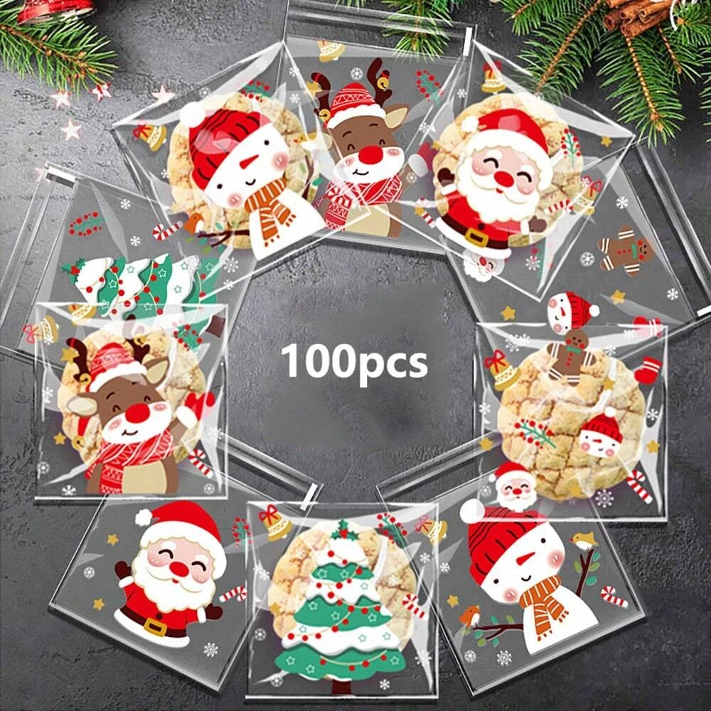 100 Pcs Christmas Festive Cellophane Treat Bags - Disposable Plastic Self-Adhesive Cookie Bags for Holiday Candy, Bakery