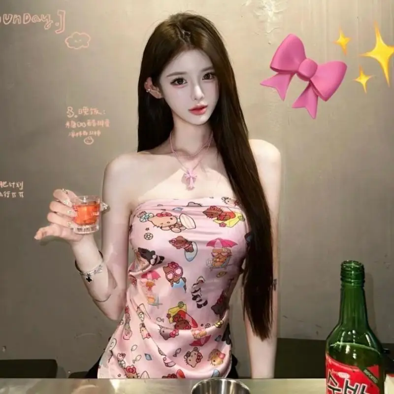 سانريو كيتي الحبيب المرأة أنبوب القمم الرغبة النقية الكرتون مثير طباعة خارج الكتف شاطئ البحر الصيف الساخن الفتيات الساتان الاتجاه