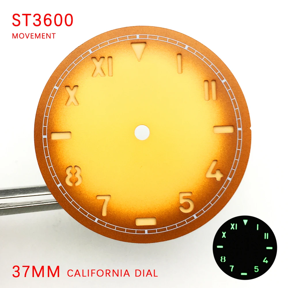 Watch Parts 37mm California Manual Winding Yellow Gradient Watch Literally Aseptic Dial For ETA 6497 ST3600 Caliber Luminous