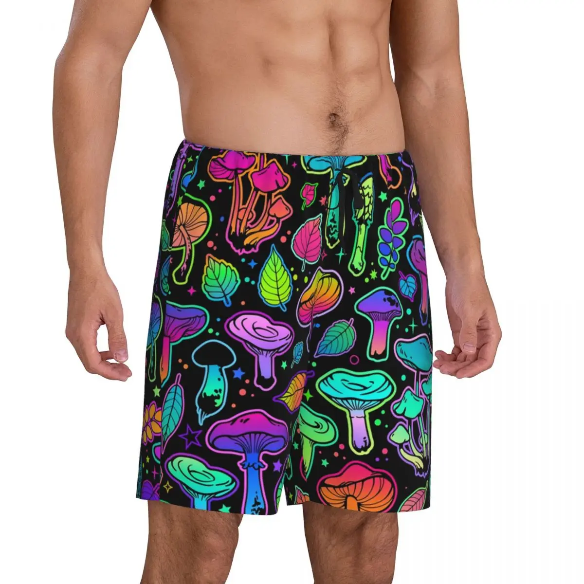 Custom Print Men Psychedelic Magic Rainbow Mushrooms Pajama Shorts Mysterious Boho Sleep Pjs Sleepwear Bottoms with Pockets