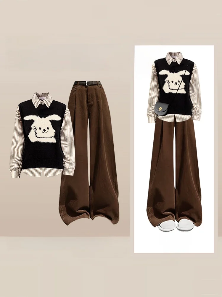 

Ранняя осень, дизайн, вязаный жилет с принтом кролика, женские многослойные полосатые повседневные брюки с широкими штанинами, комплект футболок