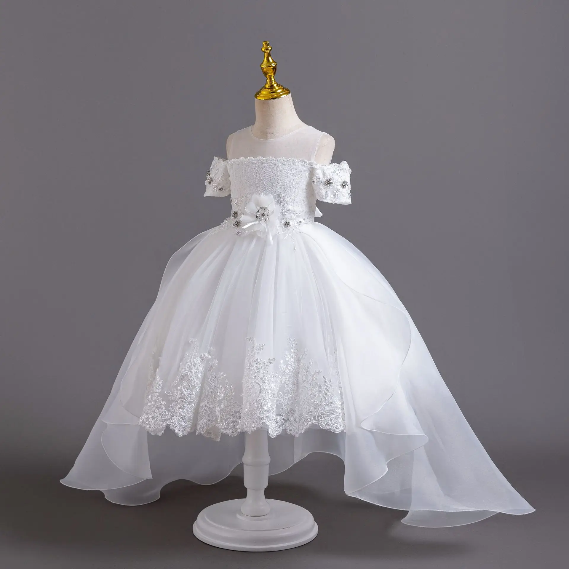 Elegant Fluffy Trailing Girls Party Dresses Flower Girl Princess Dress For Weddings Bridesmaid Embroidery Lace Evening Dress