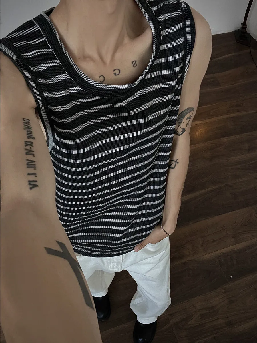 

Американский полосатый жилет в стиле ретро, мужская летняя тонкая футболка Qui Dry Svel, спортивная футболка из ледяного шелка, молодежная повседневная...