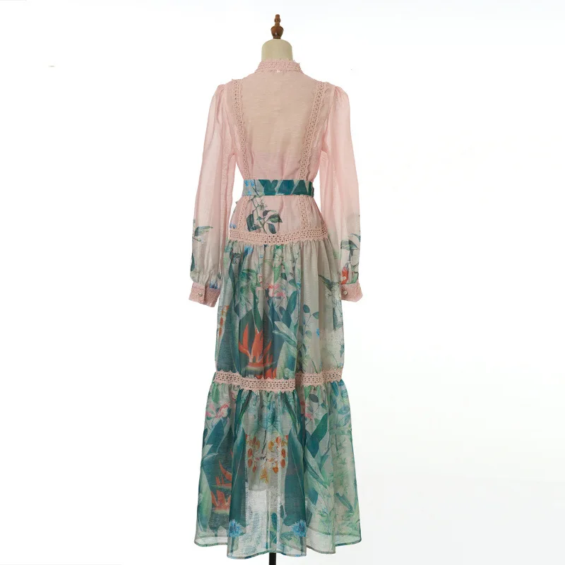 Ele lourd broderie dentelle garniture Vintage lanterne Sve col montant imprimé ceinturé Long Dr t-shirt couleurs femmes Faion