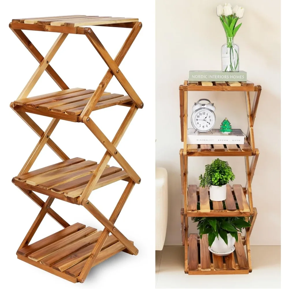 

Acacia Plant Stand Indoor Corner, Wooden Outdoor 4 Tier Corner Planter Stand, Foldable Shelf Display, Tall Plant Bench