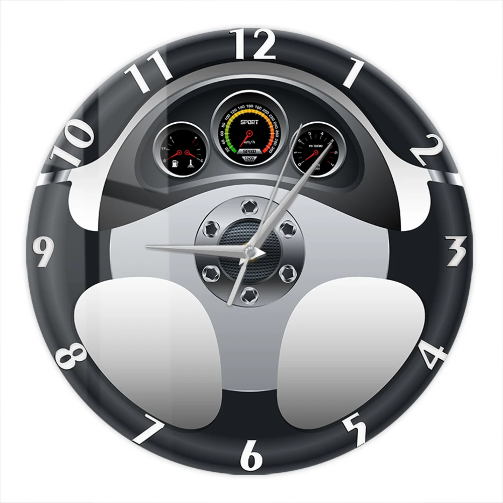 Sport Car Steering Wheel and Dashboard Printed Wall Clock Automobile Artwork Home Decor Automotive Drive Auto Style Wall Watch