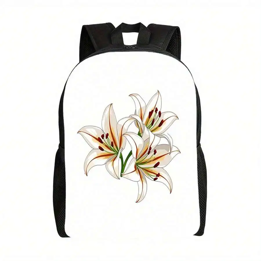 

Lily Flower Print Backpack For Travel Gym Daily Use With Adjustable Straps Zipper Closure