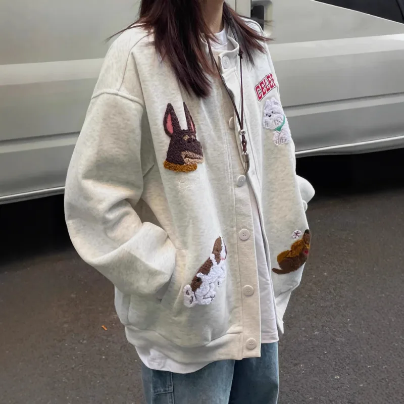 Sweet Cute Cartoon Puppy Embroidery Button Up Hoodie Women Y2K Casual Sweatshirt Plush Dog Flocking Outwear Teenager Clothes
