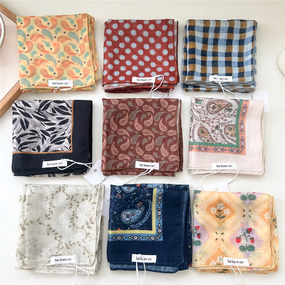 

55 см в горошек, весенне-осенние дышащие женские мягкие декоративные маленькие шарфы, универсальные японские хлопковые льняные квадратные шарфы