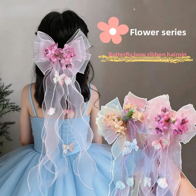 Mädchen-Haarschmuck mit Schleife und Netzstoff, Traumhafter Quasten-Blumen-Kopfschmuck, Foto-Requisite Haarspange, Blumen-Haarklammer für den Hinterkopf – Detail 1