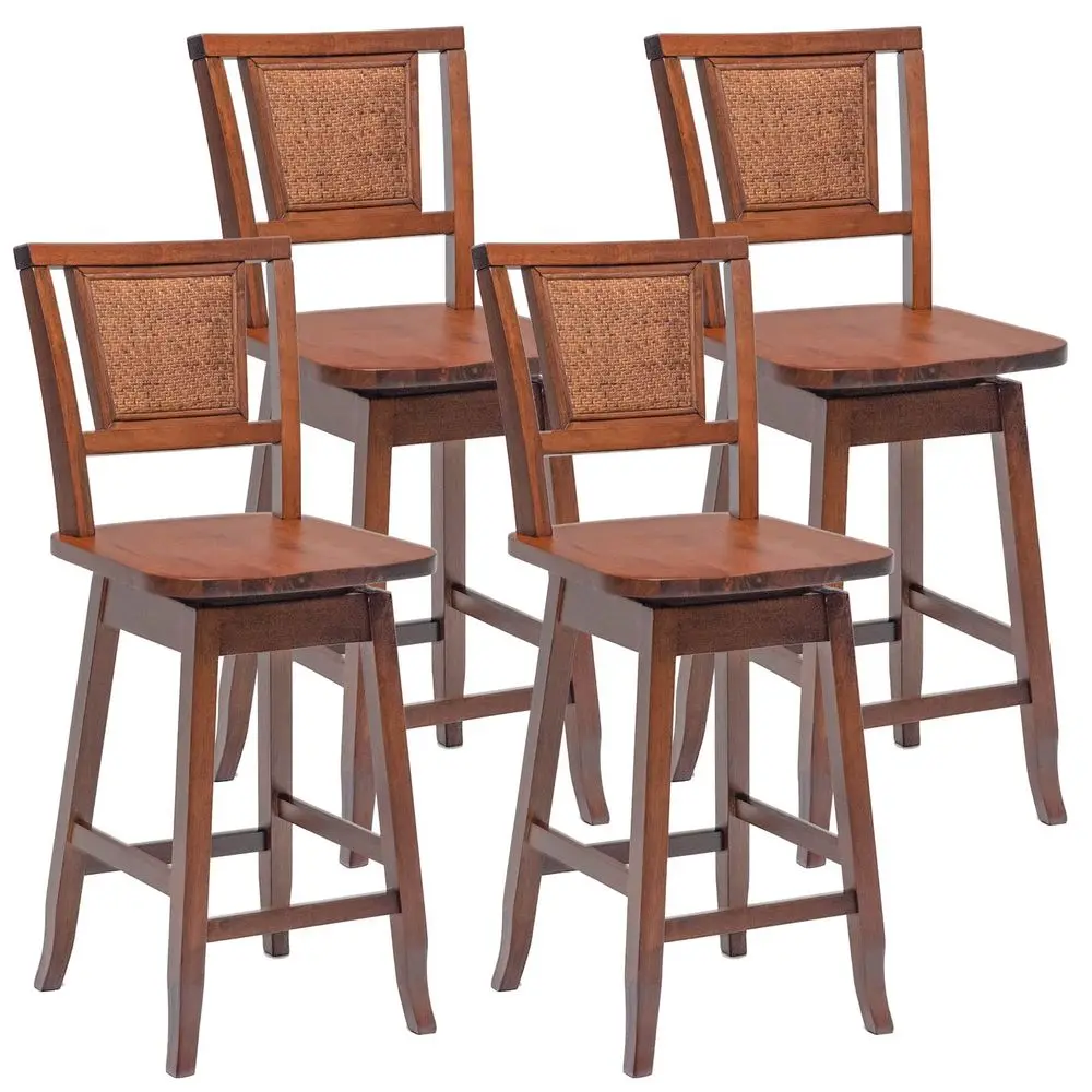 

Bar Stools Set of 4, 24.5 Inch Counter Height Bar Stool with Rattan Back, 360Swivel Seat, Comfortable Footrests, Rubber Wood Ba