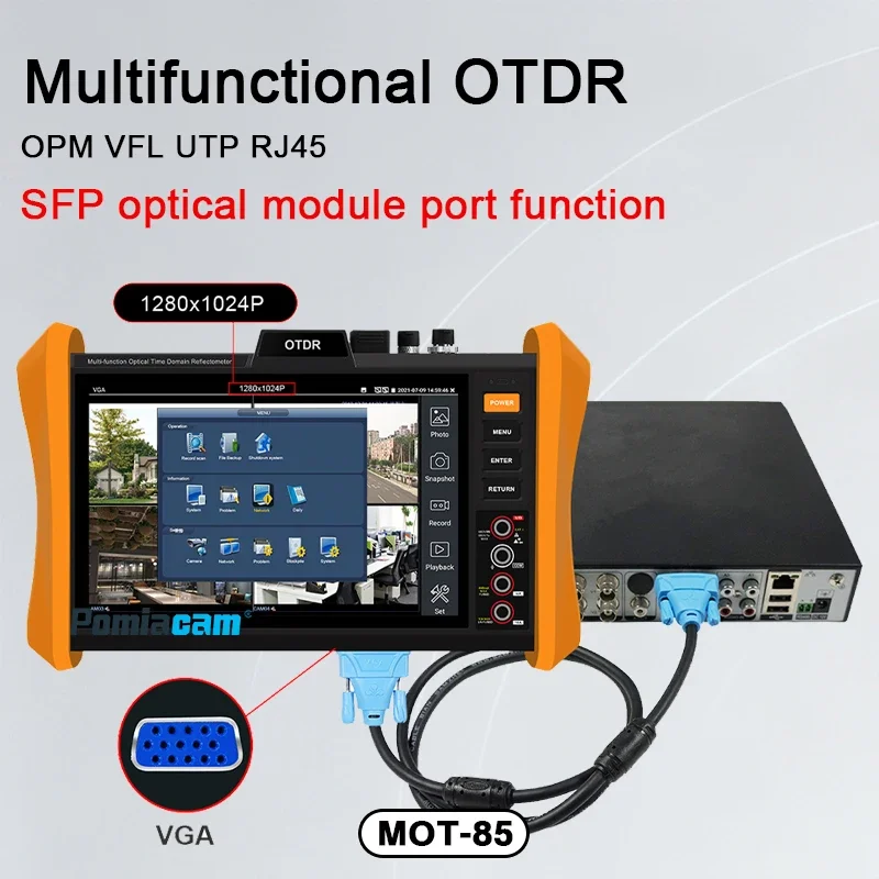 8-Inch MOT-85 OTDR Fiber Optic Tester 34dB Event Map OPM VFL UTP RJ45 Cable Test WiFi Gigabit SFP Port Fault Location FC/SC/UPC