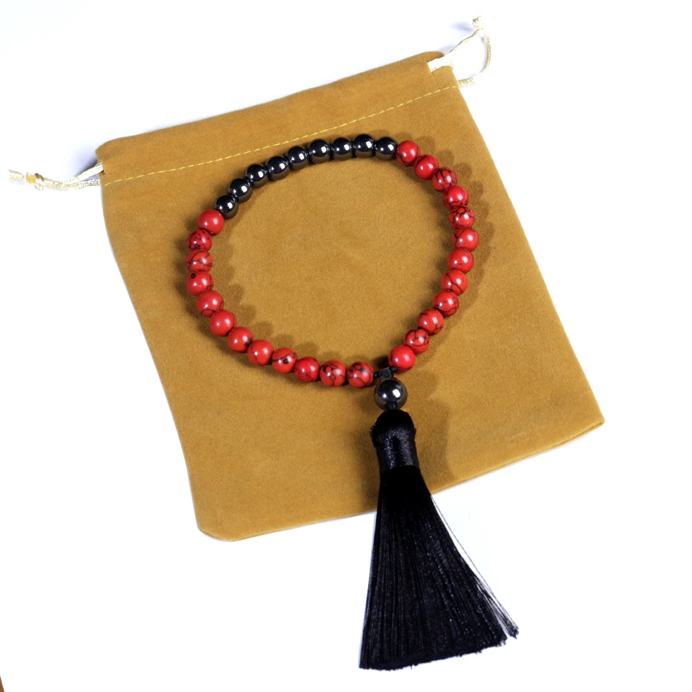 Muslim 33 beads bracelet with tassels,8mm malachite and red pine bead bracelet,rosary Prayer bracelet