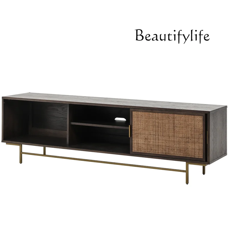 

Japanese-Style Retro Solid Wood Rattan TV Cabinet Nordic Style Living Room Sliding Door Audiovisual Cabinet