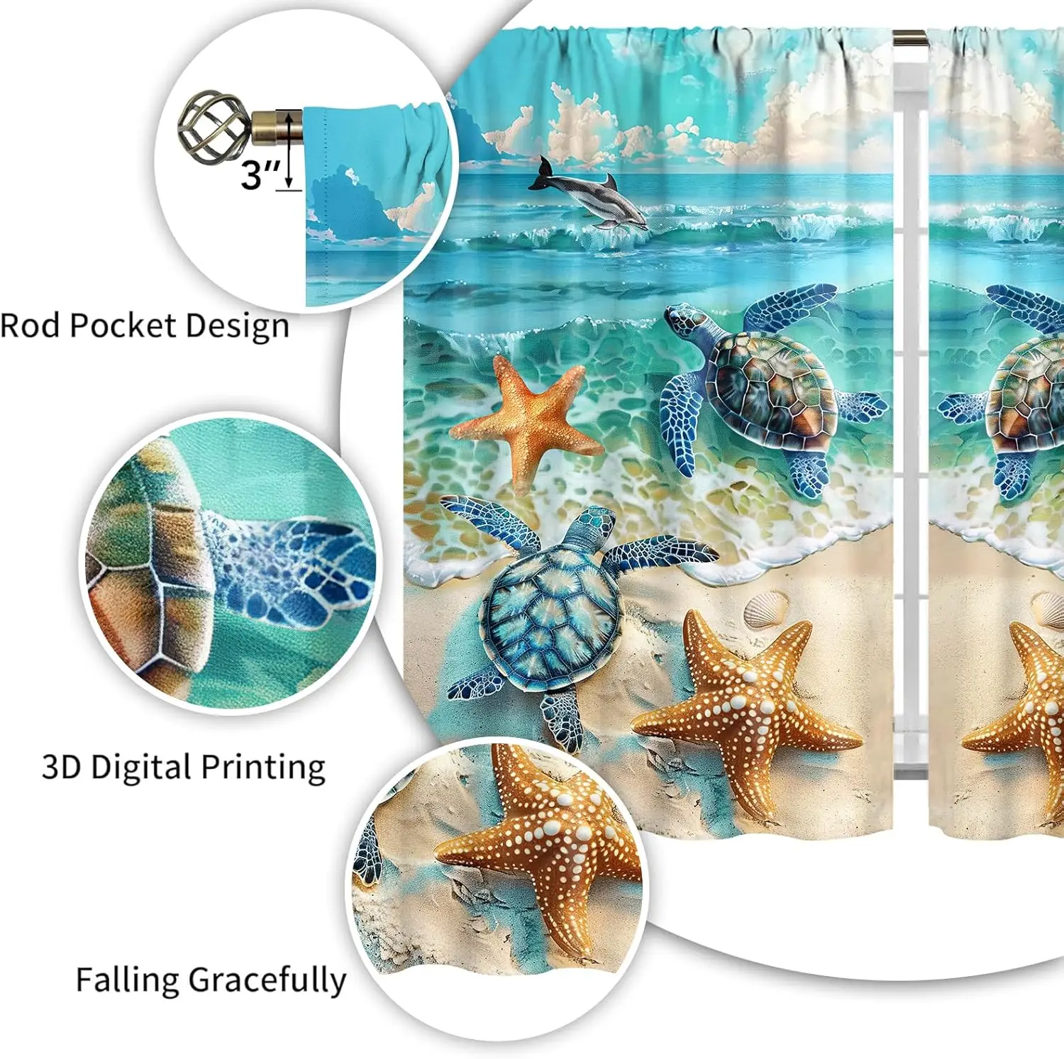 Beach Kitchen Curtains Ocean Sea Turtle Blackout Curtains Summer Short Tier Curtain Cafe Tier Curtains Decor for Living Dining