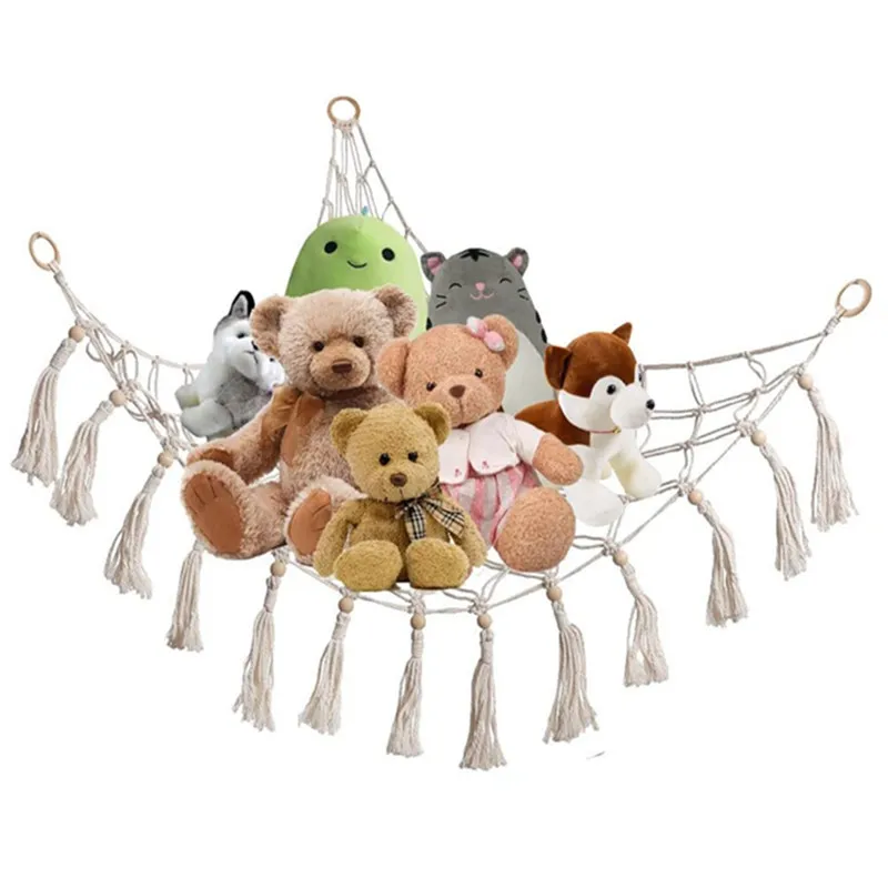 Corner Stuffed Animal Storage Hammock Macrame Toy Net with Tassels Boho Hanging for Plush Toys Nursery Kids Room Wall Decor - view 2
