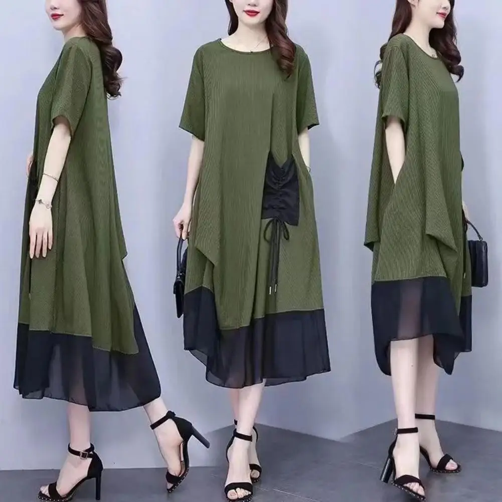 Women Short Sleeve Long Dress Stylish Plus Size Mesh Patchwork Midi Dress with Drawstring Waist Color Matching Patch for Summer