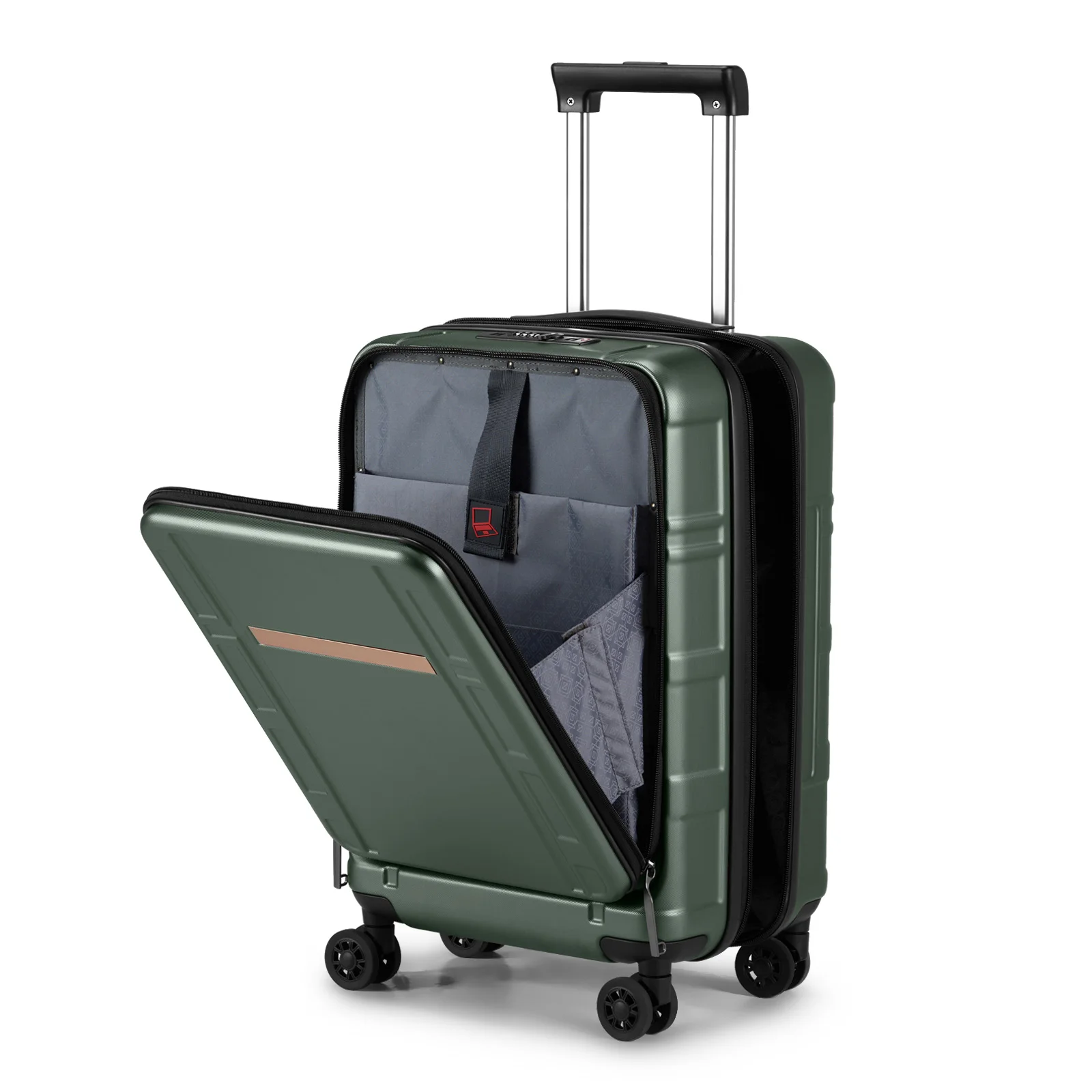 22 X 14 X 9 Airline Approved, ABS+PC 20 Inch Luggage with Front Compartment, Double Spinner Wheels, TSA Lock,Dark Green Color