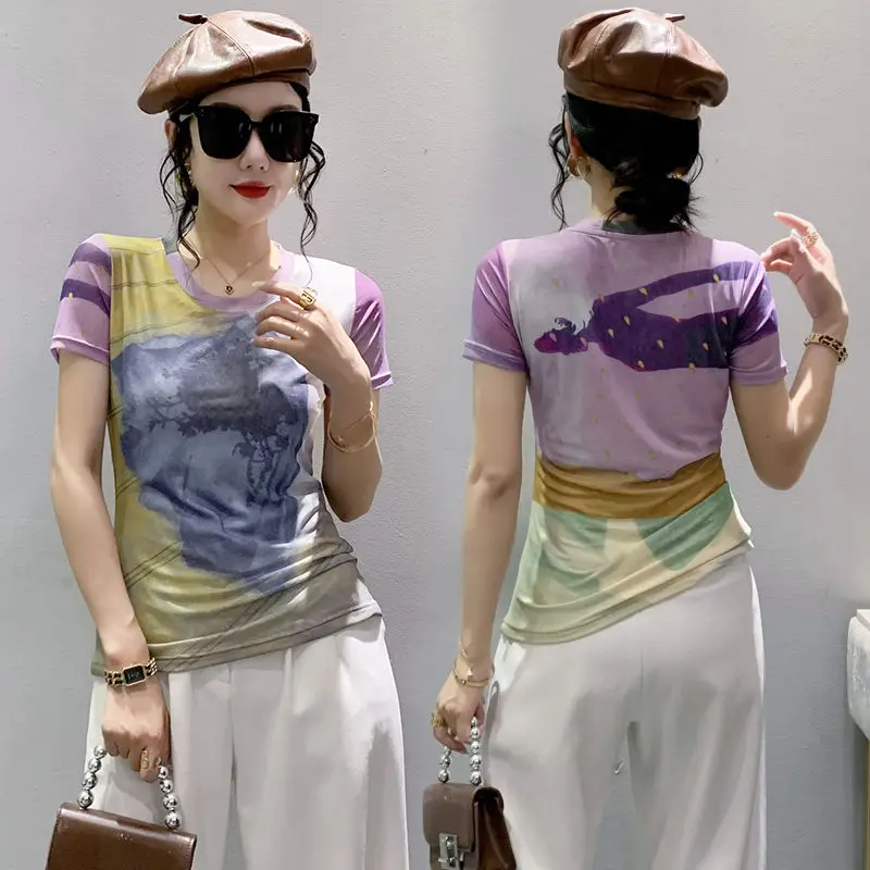 Nieuwe zomer slanke mesh positionering bloem modieus shirt met ronde hals en korte mouwen damesbasisshirt