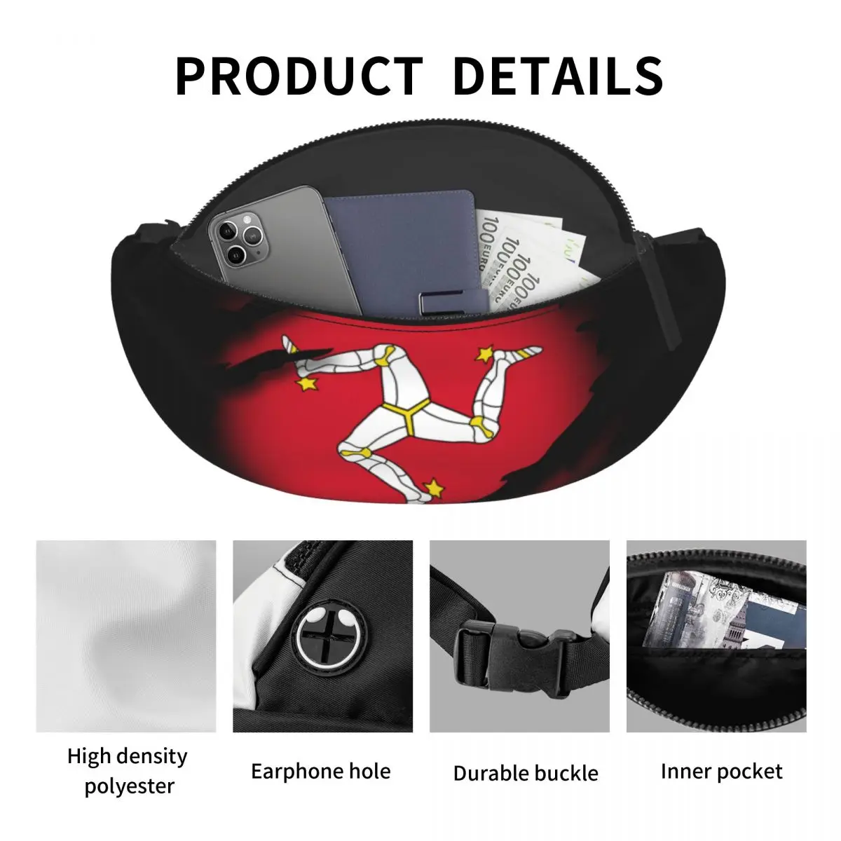 Isle Of Man Flag Fanny Pack Mulheres Homens Moda Crossbody Saco Da Cintura para Camping Biking Telefone Money Pouch