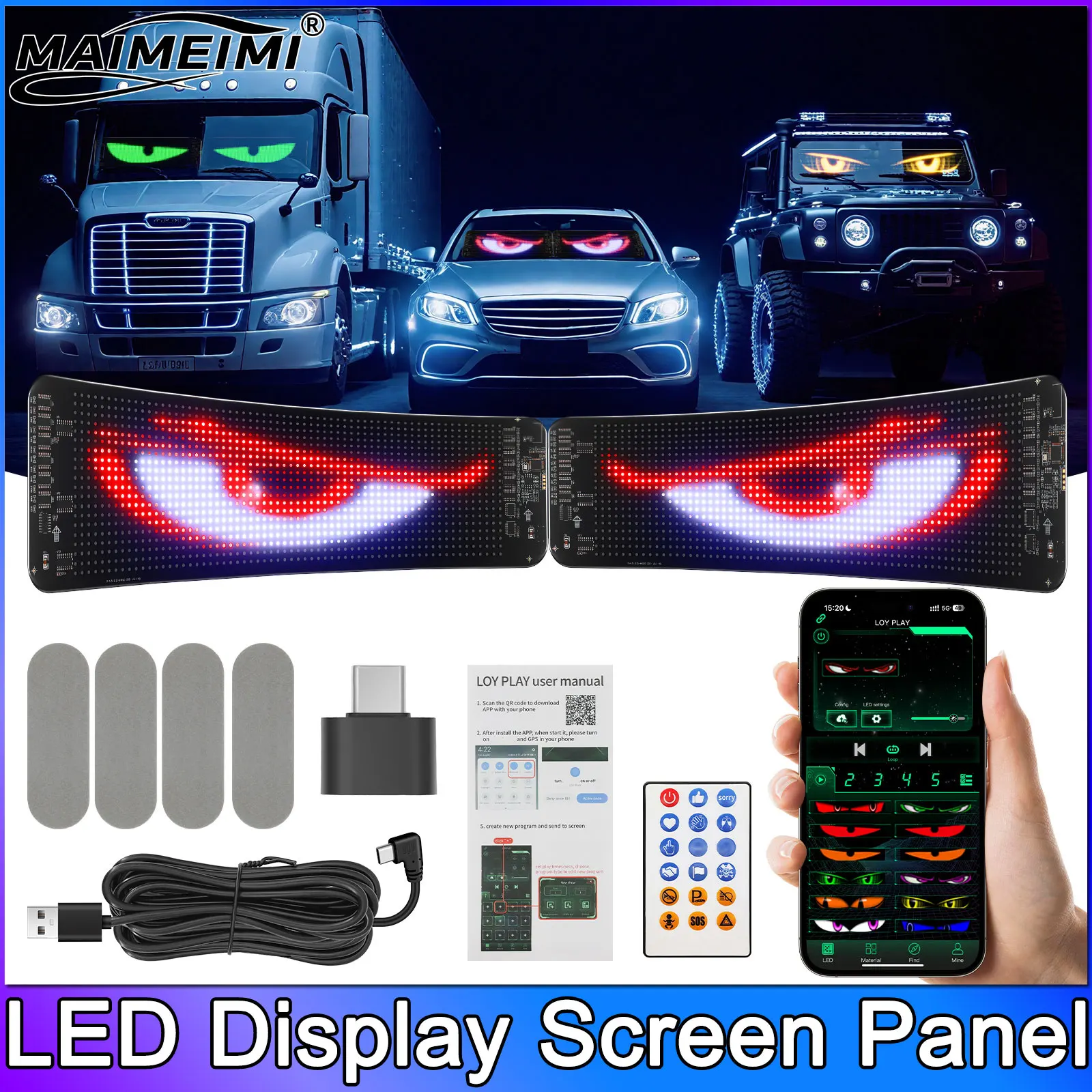 

35-60 см большой экран грузовика автомобиль дьявол глаз свет декоративная доска лобовое стекло анимационный дисплей пульт дистанционного управления светодиодные окружающие огни