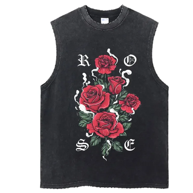 

Vintage Tank Top Graphic Y2K Rose Flowers Print T Shirt Cotton Hip Hop Streetwear Oversize Summer Washed Tops Vest
