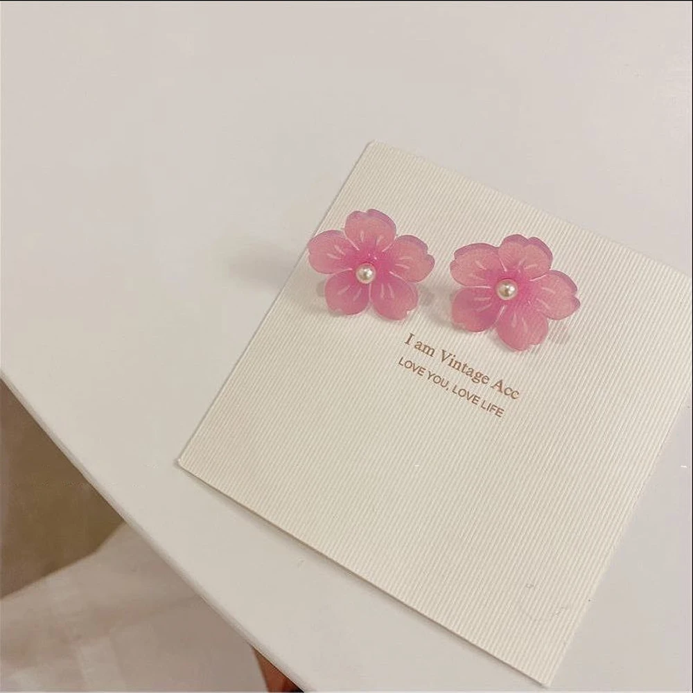 

Cute Elegant Sakrua Cherry Blossoms For Women Pink Flower Fashion Jewelry Resin Flower Earrings Stud Earrings