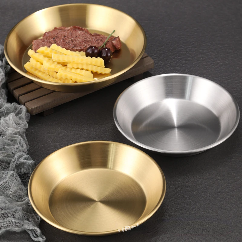 

Korean-style stainless steel pizza plate thick deep plate golden large flat plate cake plate buffet plate