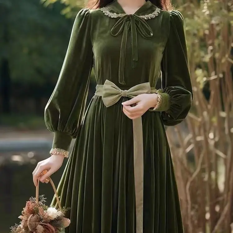 Gagaok Green Slimming Vintage Dress Light Luxury Peter Pan Collar Lantern Sleeve Velvet Dresses Women Bow Slim Waist Vestidos