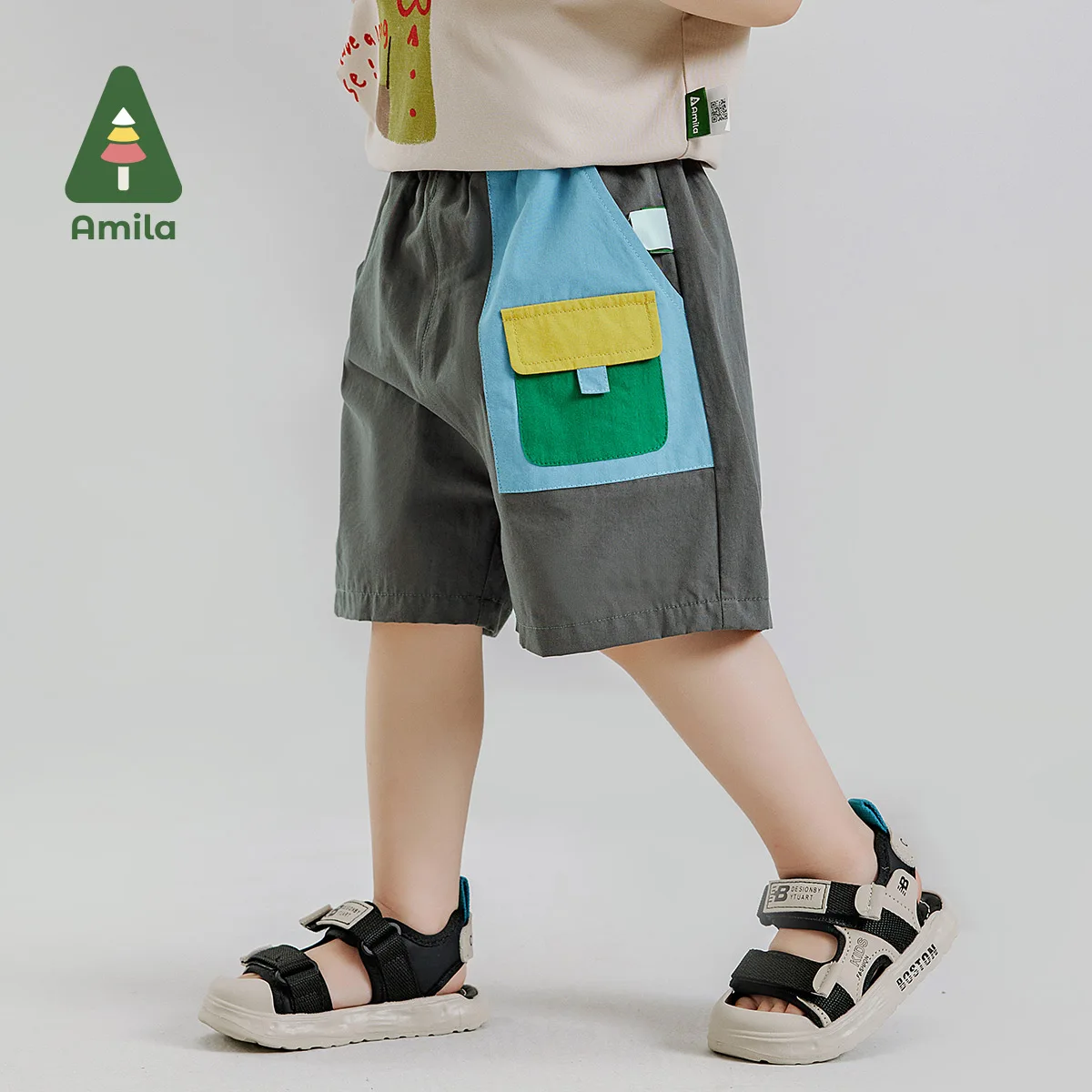 Amila Baby Bottom Summer 2024 New Color Contrast Patchwork Overalls Loose Version Sports Unbound Children\'s Clothing 0-6Y