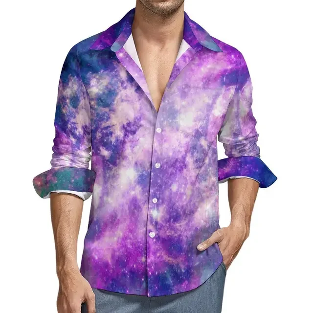 

Starry Night Print Shirt Autumn Stars Blue Galaxy Casual Shirts Man Elegant Blouse Long Sleeve Design Fashion Clothing Big Size