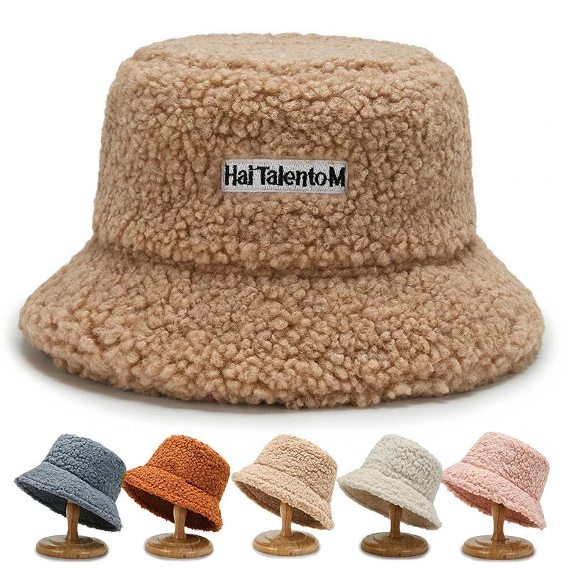 Lamb Wool Faux Female Hat Fur Warm Female Hat Faux Fur Winter Women\'s Bucket Hat Fisherman Outdoor Sun Hat Panama Lady Hat Cap