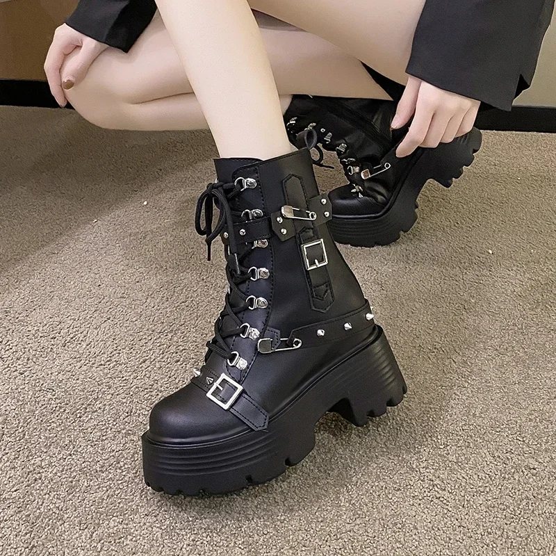 New Women Leather Punk Boots High Platform Chunky Sneakers Autumn 9CM Wedge Heels Mid-Calf Boots Woman Winter Motorcycle Boots