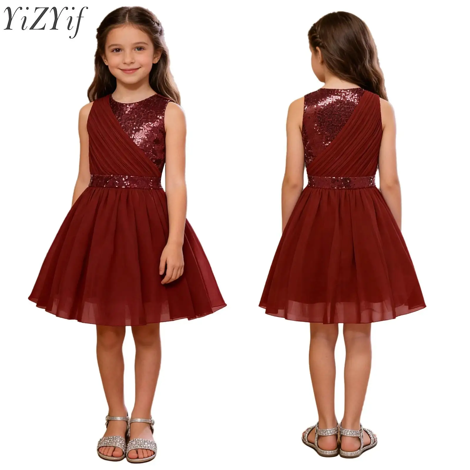 Kids Girls Flower Girls Dress Sequins Pageant Dress High Waist Puff Tutu Dress for Birthday Celebration Princess Themed Party