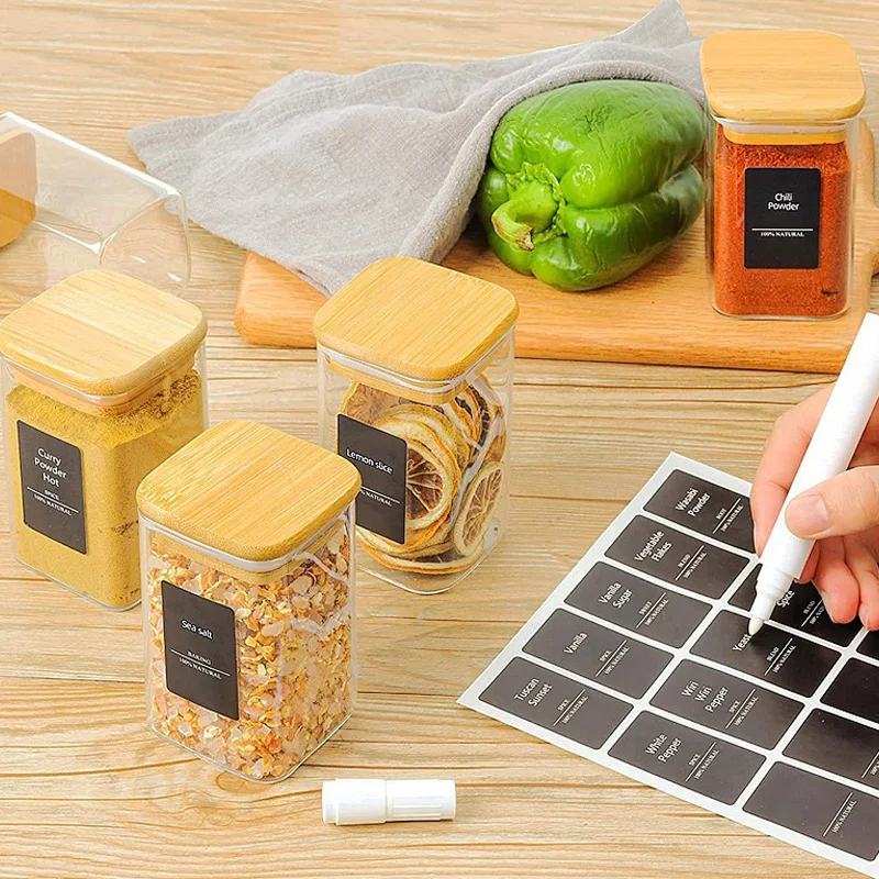 275 Uds. Etiquetas de almacenamiento de tarros de especias autoadhesivas impermeables preimpresas pegatinas de letras negras transparentes pegatinas de tarros de especias de cocina