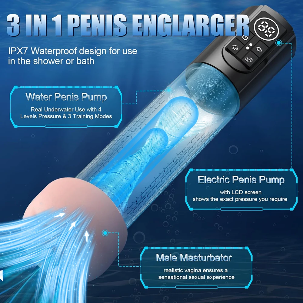 IPX7 Electric Penis Pump Adult Sex Toys Dick Enlarger for Men Erection Air Water Extender 4 Training 3 Suction Male Masturbator