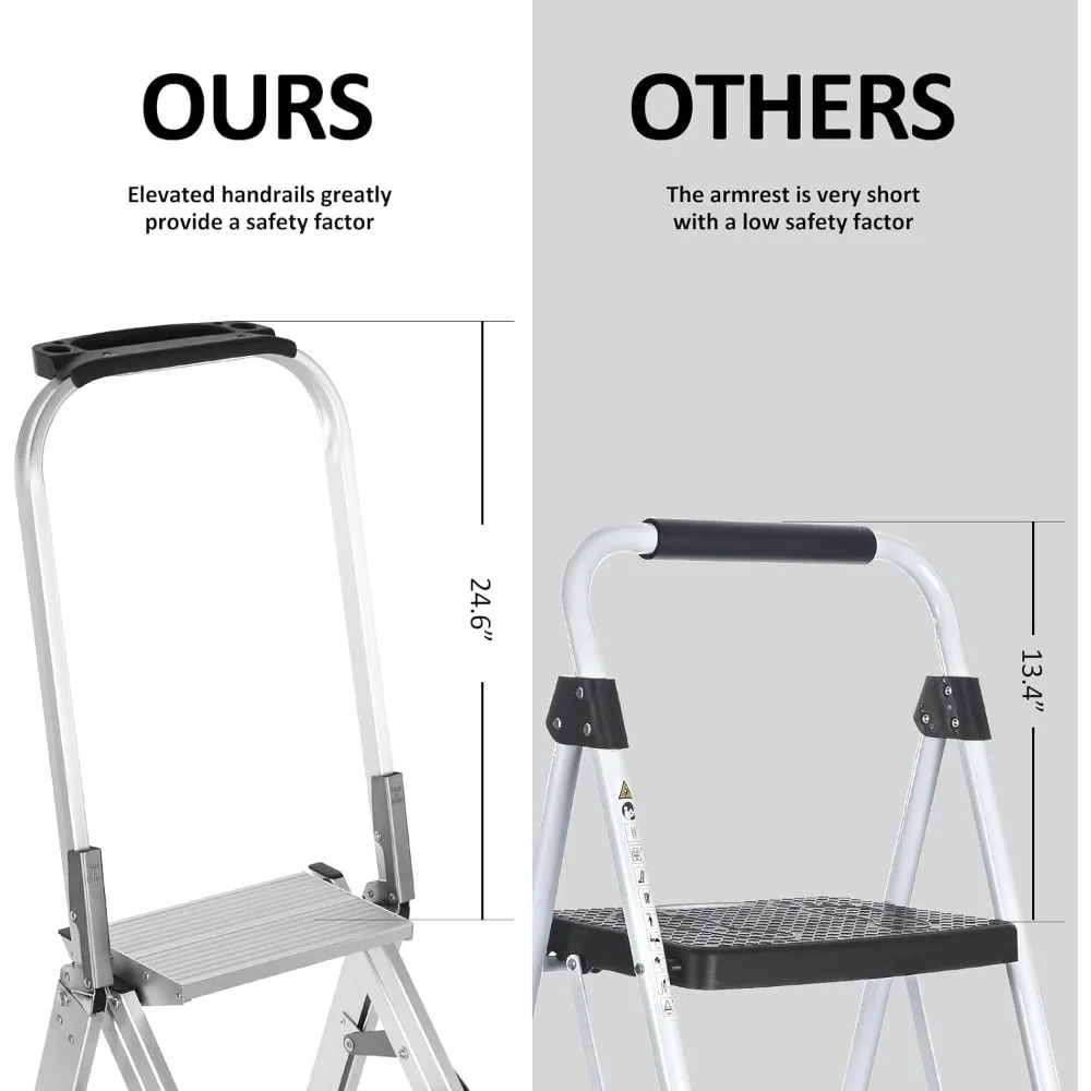 Escabeau Pro avec plate-forme à outils, tabouret pliant en aluminium à 3 marches avec pédale large antidérapante, pieds en caoutchouc, multi-léger