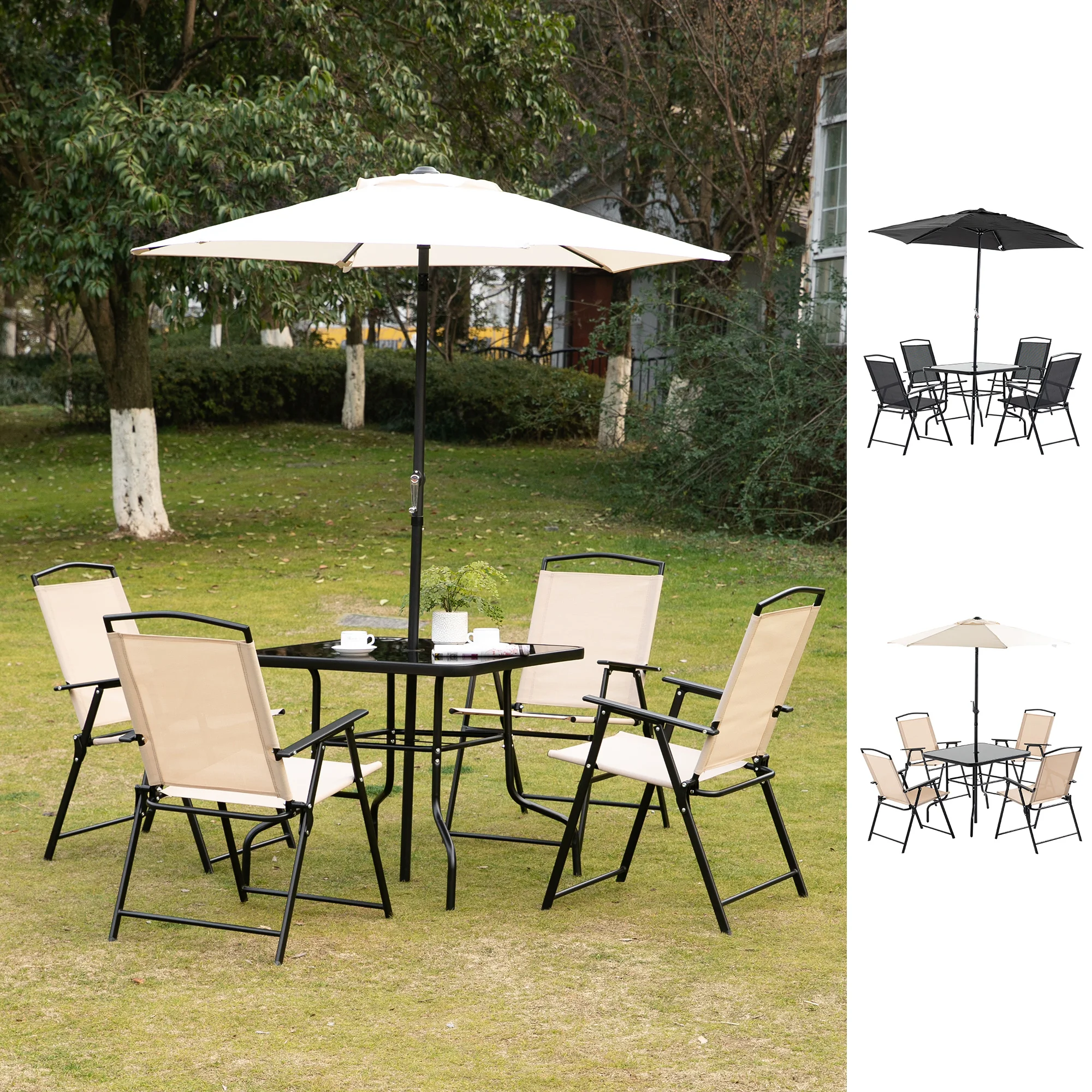 Outsunny garden furniture set with 4 folding chairs glass dining table and tilt umbrella 80x80x70 cm