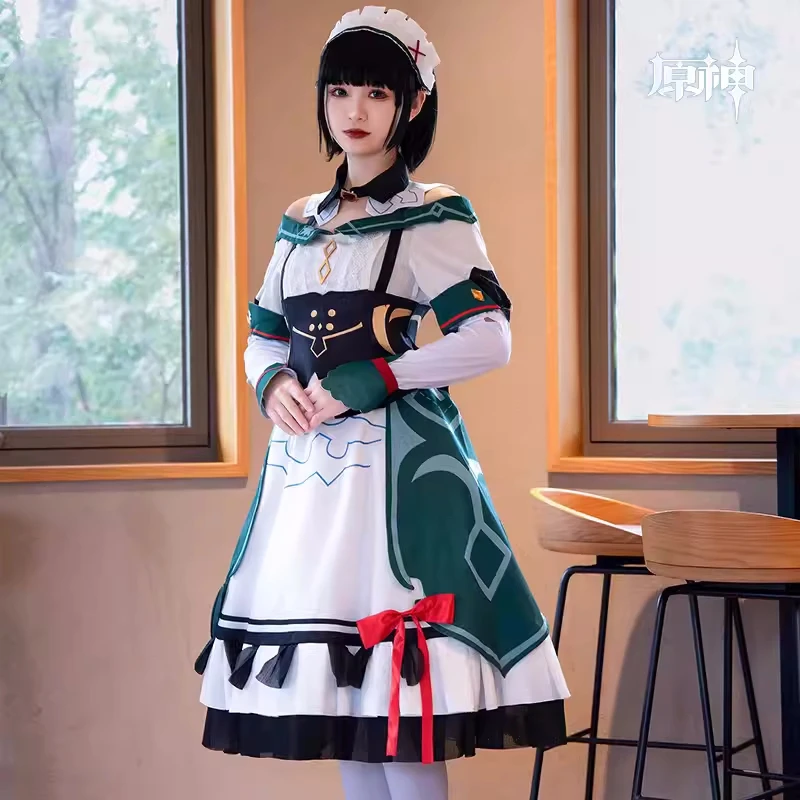 

Game Genshin Impact Katheryne Cosplay Costume Anime Women Girls Maid Outfit Role Play Clothing Carnival Party Suit with Wigs