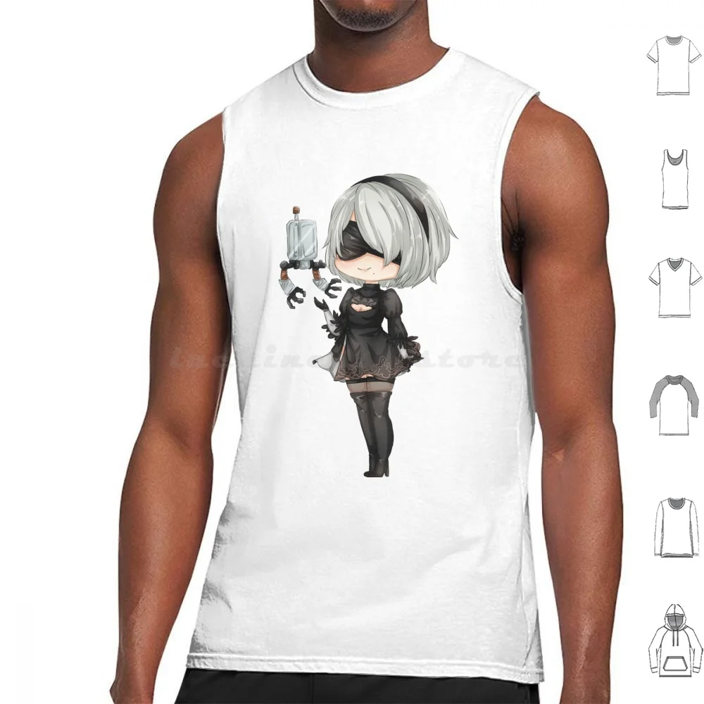 Nier : Automata 2b Chibi Design Tank Tops, chaleco sin mangas Nier 2b Chibi Anime videojuegos, pelo blanco, lindo y pequeño