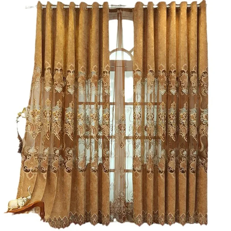 

Luxury European water-soluble hollow embroidered curtains, floor-to-ceiling curtains in villa living room